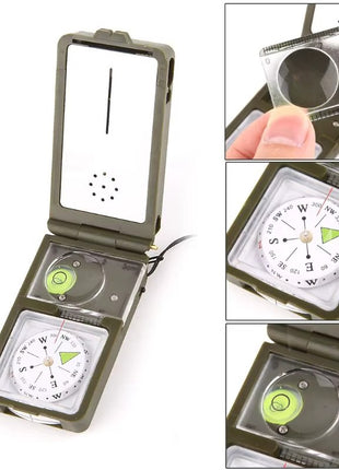 10-in-1 Survival Compass Tool with Thermometer, LED Light, Whistle & Fire Starter – Dark Green