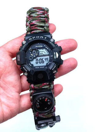 Multifunction Outdoor Survival Watch – Compass, Fire Starter, Whistle, Thermometer & Paracord for Camping and Emergency