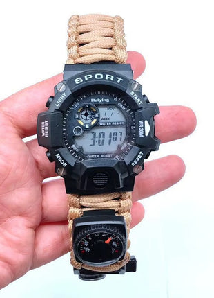 Multifunction Outdoor Survival Watch – Compass, Fire Starter, Whistle, Thermometer & Paracord for Camping and Emergency