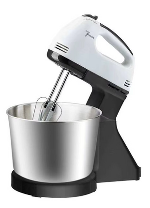 Electric Stand Mixer 2.0L 270W with Stainless Steel Bowl, 7-Speed Settings, Beaters & Dough Hooks – Black & White