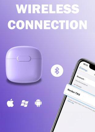 Norden Echo TWS Bluetooth Earphones – True Wireless, Bluetooth 5.0, Charging Case, 10m Range, Type-C Charging, Compatible with Android & iOS - Purple