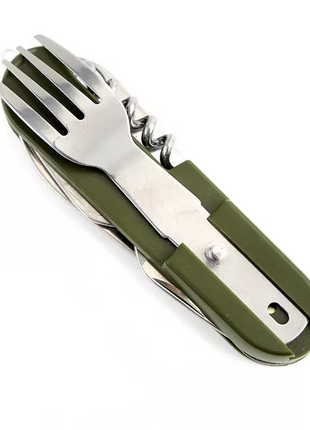 Camping Multi-Tool Cutlery Set 8-in-1 – Stainless Steel Folding Knife Spoon Fork Opener – Green