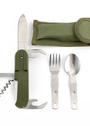 Camping Multi-Tool Cutlery Set 8-in-1 – Stainless Steel Folding Knife Spoon Fork Opener – Green