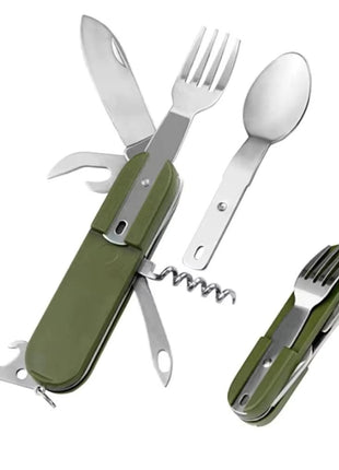 Camping Multi-Tool Cutlery Set 8-in-1 – Stainless Steel Folding Knife Spoon Fork Opener – Green