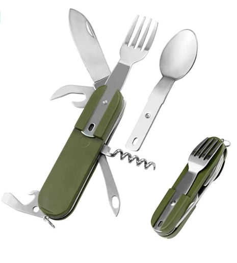Camping Multi-Tool Cutlery Set 8-in-1 – Stainless Steel Folding Knife Spoon Fork Opener – Green
