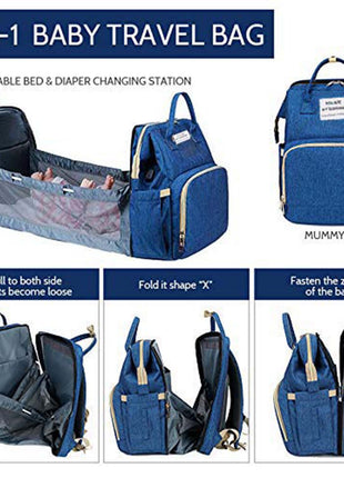 Multifunction Baby Diaper Backpack 35L with Foldable Bed, Waterproof Changing Station & Insulated Pockets – Grey/Navy