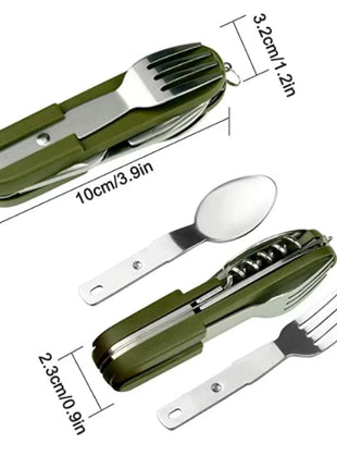 Camping Multi-Tool Cutlery Set 8-in-1 – Stainless Steel Folding Knife Spoon Fork Opener – Green