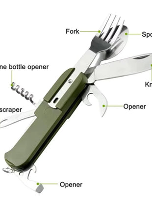 Camping Multi-Tool Cutlery Set 8-in-1 – Stainless Steel Folding Knife Spoon Fork Opener – Green
