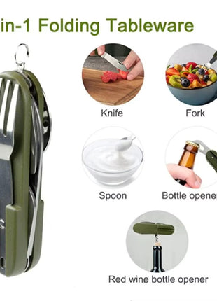 Camping Multi-Tool Cutlery Set 8-in-1 – Stainless Steel Folding Knife Spoon Fork Opener – Green