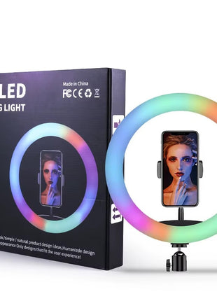 RGB LED Ring Light 26cm – Stepless Dimming with 360° Phone Mount – USB Powered