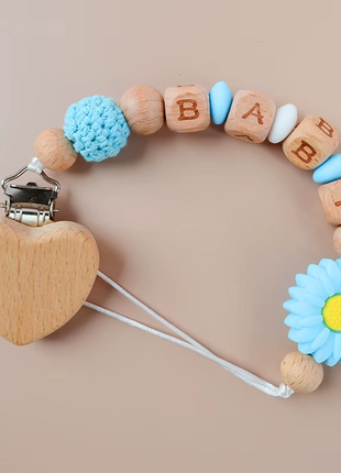 Wooden Baby Pacifier Clip 28cm with Silicone Daisy Beads – Heart Clasp – Pastel Teether Chain