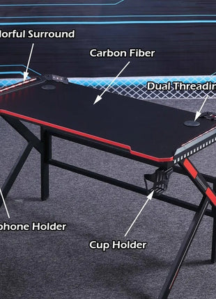 Gaming Desk 120cm Carbon Fiber Style MDF – Ergonomic Curve – K-Shaped Steel Frame – Dual Cable Ports