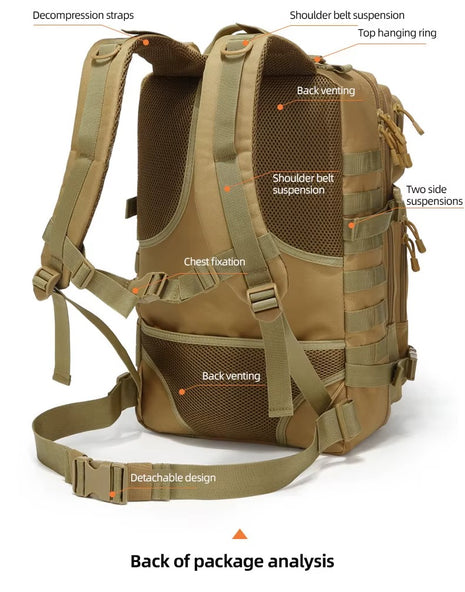 Tactical Backpack 55 L Nylon Large Military‑Style Rucksack Brown 4‑Compartment Rain Cover