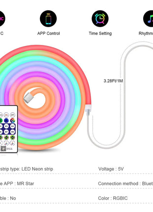 LED Neon Rope Light 5m RGB IC – Smart App + Remote Control – IP68 Silicone Strip with USB – Flexible Ambient Lighting