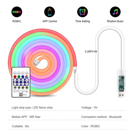 LED Neon Rope Light 5m RGB IC – Smart App + Remote Control – IP68 Silicone Strip with USB – Flexible Ambient Lighting