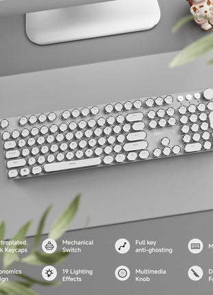 Mechanical Keyboard 87-Key – RGB Backlit Aluminum Keycaps – Blue Switch – Volume Knob – USB Wired – Steampunk Style – Silver
