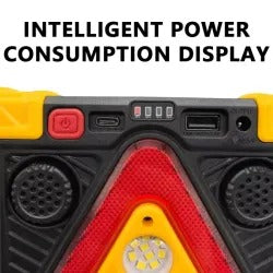 Solar LED Warning Triangle Lamp with Power Bank, Flashlight, Hanging Work Light, Alarm Horn, USB-C Charging and Foldable Stand