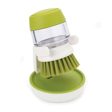 Soap Dispensing Palm Brush with Storage Stand – Refillable Dish Scrubber for Kitchen