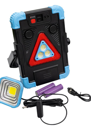 Solar LED Warning Triangle Lamp with Power Bank, Flashlight, Hanging Work Light, Alarm Horn, USB-C Charging and Foldable Stand