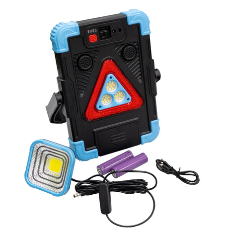 Solar LED Warning Triangle Lamp with Power Bank, Flashlight, Hanging Work Light, Alarm Horn, USB-C Charging and Foldable Stand