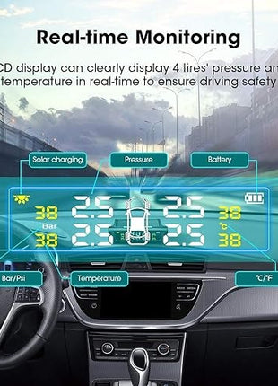 Wireless Tire Pressure Monitoring System 4-Sensor – Solar & USB Charging – 0.5–6.0 Bar – LCD Display – IP67 Sensors – Auto Sleep/Wake