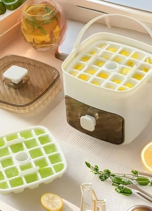 Portable Stackable Ice Cube Tray with Storage Bin & Tongs, 2-Layer Freezer Ice Maker, One-Touch Ice Release, Compact Ice Storage System