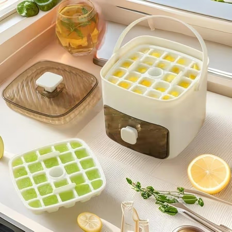 Portable Stackable Ice Cube Tray with Storage Bin & Tongs, 2-Layer Freezer Ice Maker, One-Touch Ice Release, Compact Ice Storage System