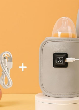 Portable Leather Infant Bottle Warming Case USB Powered with 3 Heat Settings, Velcro Closure, Fits Various Baby Bottles