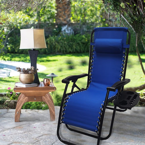 Outdoor Folding Reclining Lounge Chair 110×68×65 cm – Steel/Textilene – Adjustable Headrest & Cup‑Holder Tray – Multiple Colours