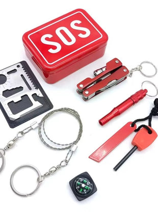 Emergency Survival Kit 7-Piece Compact Metal Box – Multi-Tool Card, Fire Starter, Compass, Whistle – Red SOS Tin