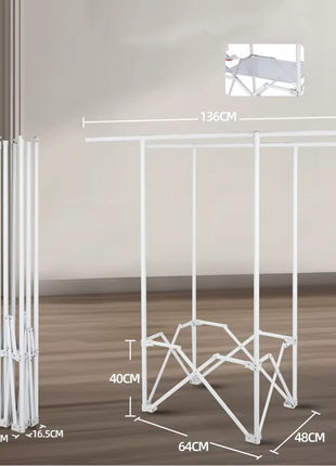 Folding Floor‑Ceiling Double‑Pole Drying Rack – 2 Rods – Carbon Steel & Engineering Plastic – White