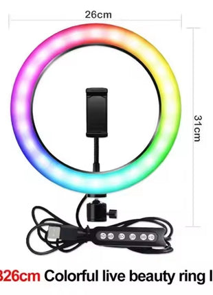 RGB LED Ring Light 26cm – Stepless Dimming with 360° Phone Mount – USB Powered