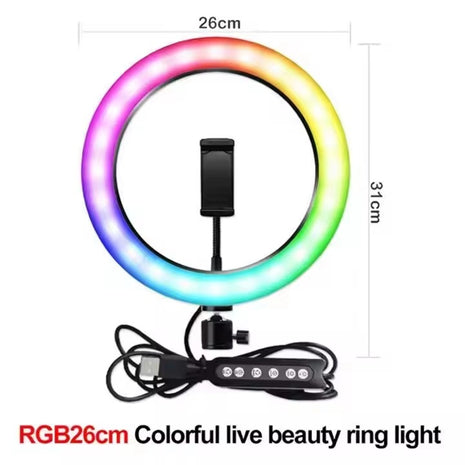 RGB LED Ring Light 26cm – Stepless Dimming with 360° Phone Mount – USB Powered