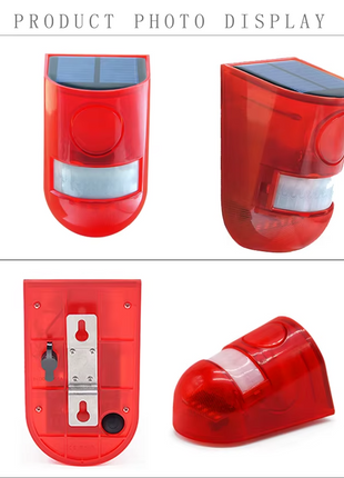 Solar Alarm Light with PIR Sensor – 129dB Siren + Red Flashing LED – IP65 Water resistant – Wall Mounted