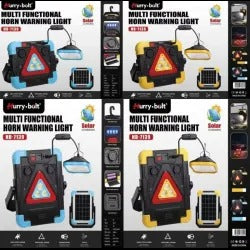 Solar LED Warning Triangle Lamp with Power Bank, Flashlight, Hanging Work Light, Alarm Horn, USB-C Charging and Foldable Stand