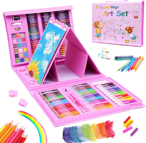 208-Piece Kids Art Set – Drawing & Painting Kit with Easel, Crayons, Pencils, Ruler, Watercolors