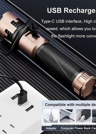 Telescopic Zoom Rechargeable LED Flashlight 3000+ Lumen USB‑C Aluminium Alloy IP55 6000 K Daylight – Model FL744