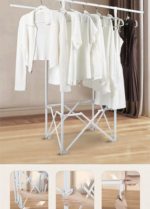 Folding Floor‑Ceiling Double‑Pole Drying Rack – 2 Rods – Carbon Steel & Engineering Plastic – White