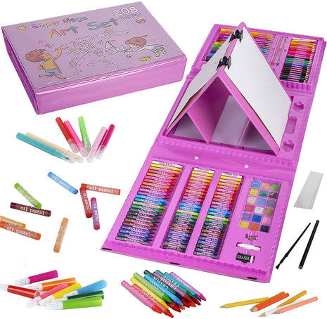 208-Piece Kids Art Set – Drawing & Painting Kit with Easel, Crayons, Pencils, Ruler, Watercolors-C1