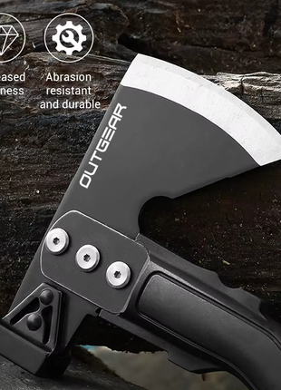 OUTGEAR Survival Axe 375mm – 3Cr13 Steel Hatchet with Hammer, Firestarter, Whistle & Sheath – Black