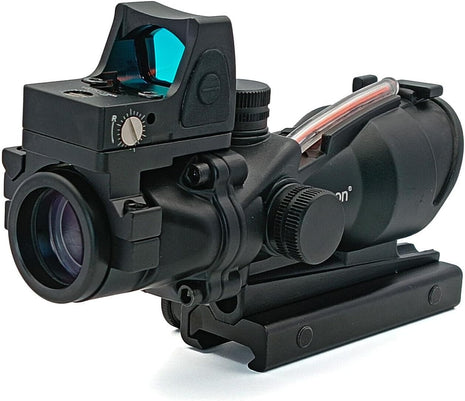 Tactical Rifle Scope 4x32 Fixed Optic + RMR-Style Red Dot Sight Combo – Daylight Fiber Reticle – Black