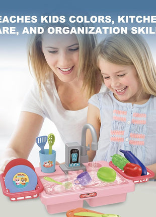 Kids Electric Play Kitchen Sink Toy Set with Running Water Faucet, 19-Piece Pretend Play Dishes & Food
