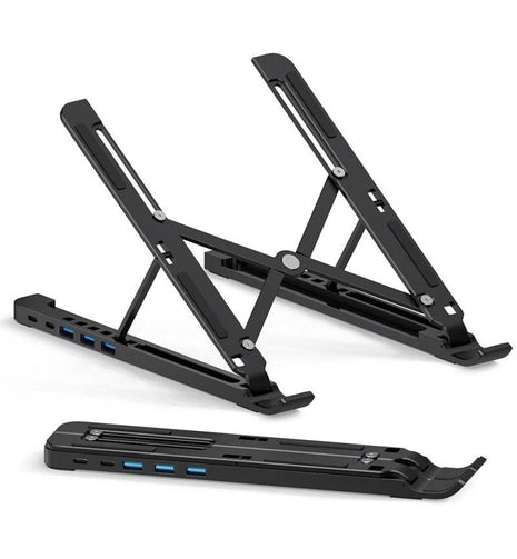 Adjustable Laptop Stand Docking Station 7-17" – Aluminium USB-C Hub with 5 Ports – Foldable, 7 Heights, Non-Slip