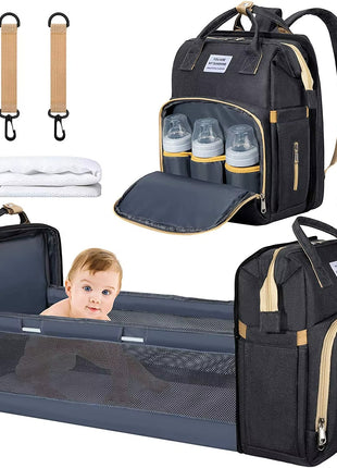 Multifunction Baby Diaper Backpack 35L with Foldable Bed, Waterproof Changing Station & Insulated Pockets – Grey/Navy