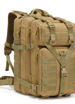 Tactical Backpack 55 L Nylon Large Military‑Style Rucksack Brown 4‑Compartment Rain Cover