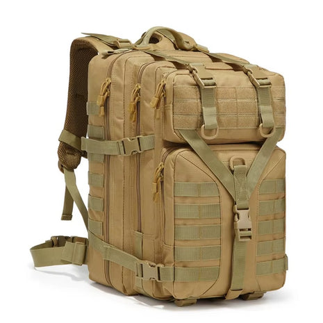 Tactical Backpack 55 L Nylon Large Military‑Style Rucksack Brown 4‑Compartment Rain Cover