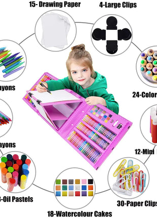 208-Piece Kids Art Set – Drawing & Painting Kit with Easel, Crayons, Pencils, Ruler, Watercolors