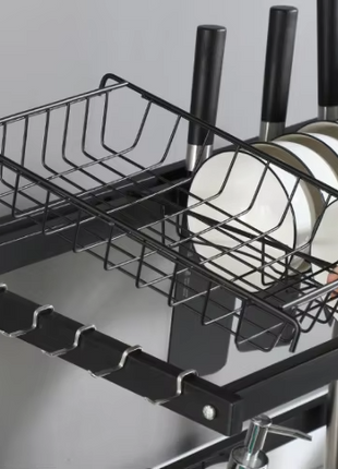 Aluminium Dish Drying Rack 86cm Multi-Layer Over Sink Organizer Black Kitchen Countertop