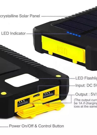 Solar Power Bank 10000mAh – Dual USB Output + LED Flashlight – Waterproof Outdoor Charger Red