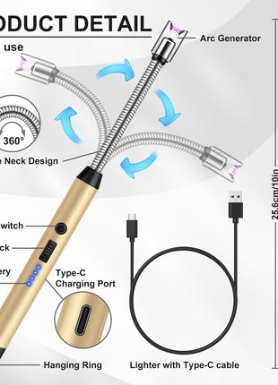 Electric Arc Lighter – 29.5cm Flexible USB Rechargeable – Windproof Safety Ignition with LED Indicator